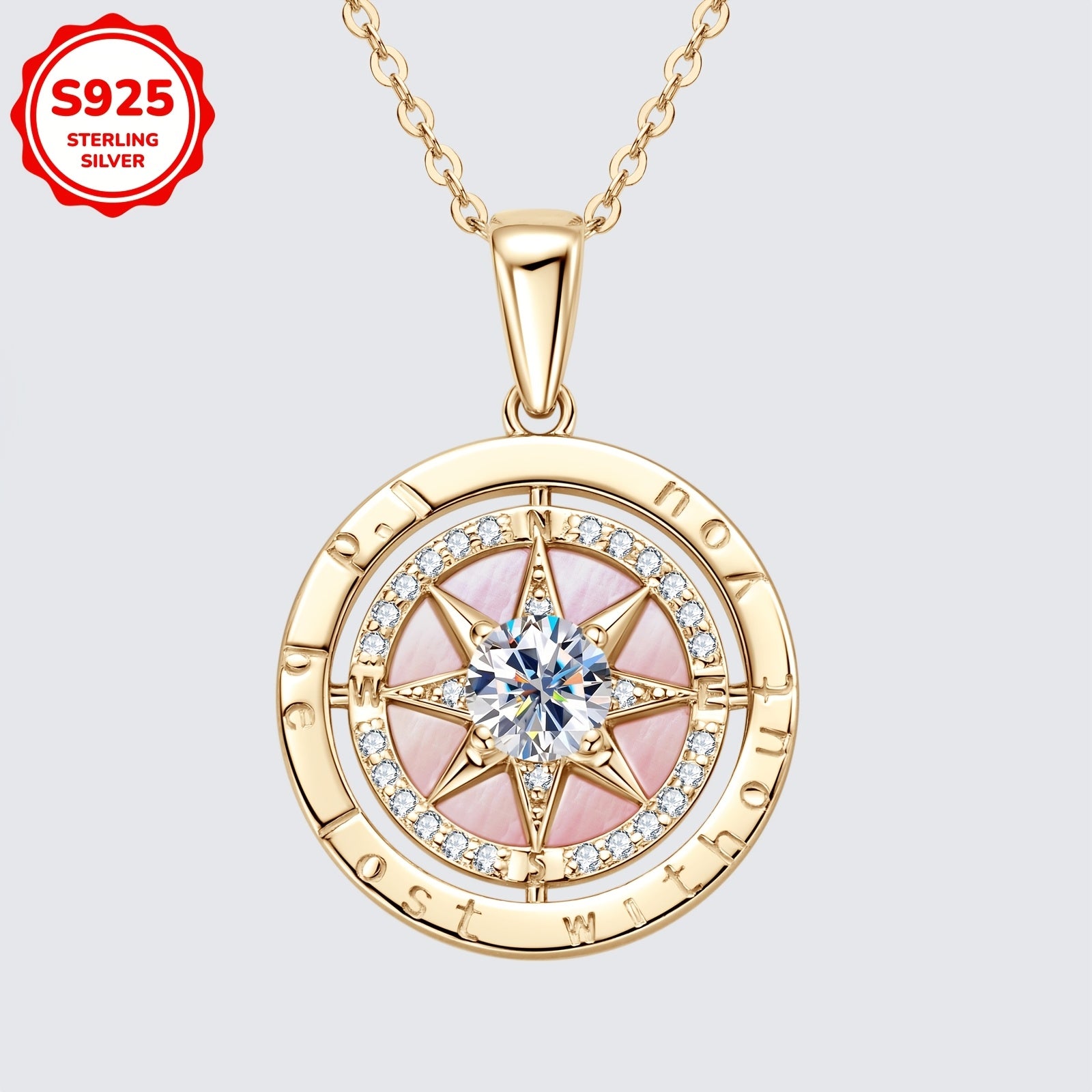 925 Sterling Silver Compass Pendant Necklace  455cm Chain 488g with 45mm White Zirconia  105mm Pink Mother of Pearl Ideal Graduation Gift